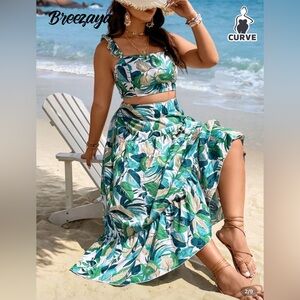 Flowers Birds Plus Summer Boho Tropical Print Crop Top & Ruffle Hem Skirt